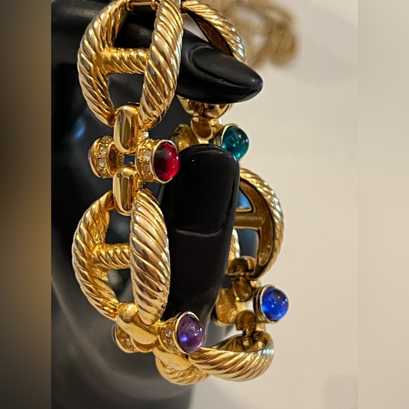 Vtg 80s cabochon Gems and Rhinestones Gilt metal rope twist link Bracelet - Picture 1 of 10